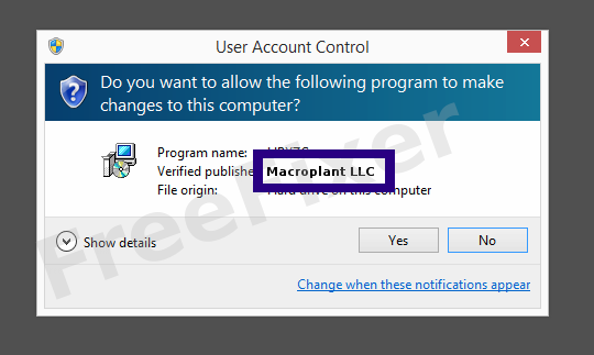 Screenshot where Macroplant LLC appears as the verified publisher in the UAC dialog